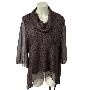 Top Season Sheer Leopard Print Cowl Neck Top Shoulder Pads Size L
